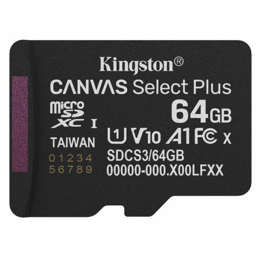64GB Kingston Canvas Select Plus Micro SD (SDXC) Memory Card - U1, V10, A1, 100MB/s R