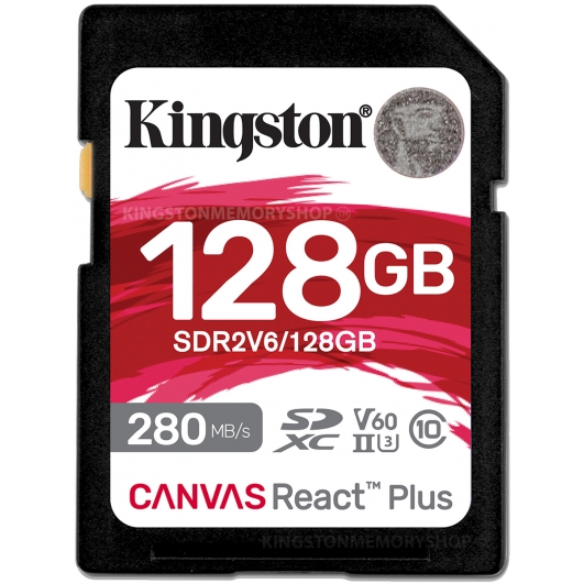 Kingston 128GB Canvas React Plus SD (SDXC) Card, 4K, UHS-II, U3, V60, 280MB/s R, 100MB/s W