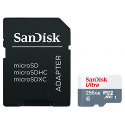 SanDisk 256GB Ultra Micro SD (SDXC) Card, Inc Adapter, 100MB/s R, 10MB/s W
