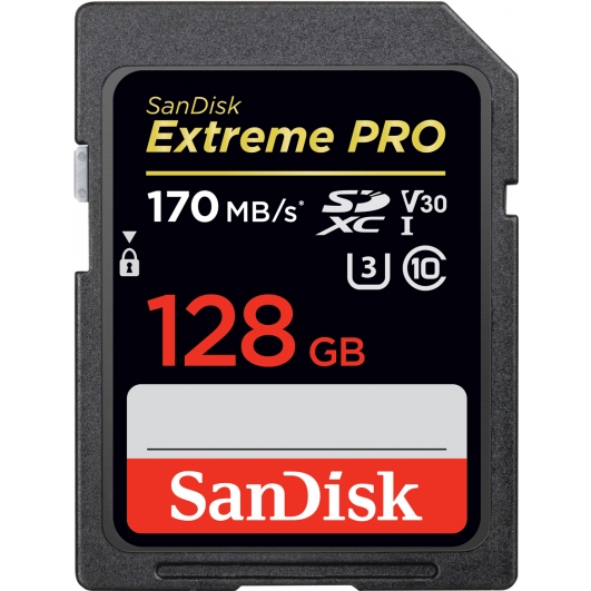 SanDisk 128GB Extreme Pro SD (SDXC) Card U3, V30, 170MB/s R, 90MB/s W