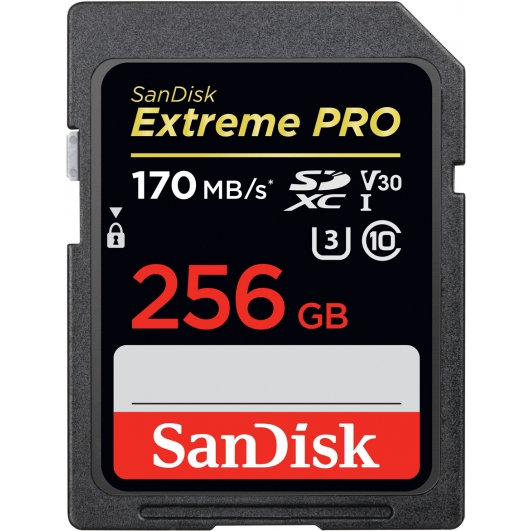 SanDisk 256GB Extreme Pro SD (SDXC) Card U3, V30, 170MB/s R, 90MB/s W