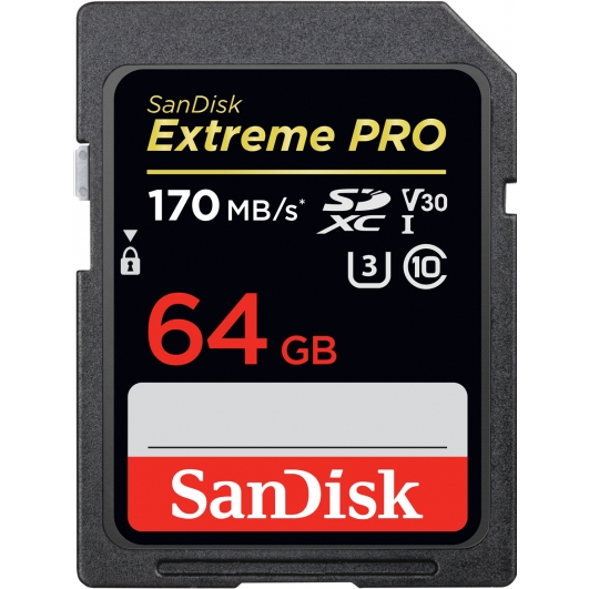 SanDisk 64GB Extreme Pro SD (SDXC) Card U3, V30, 170MB/s R, 90MB/s W