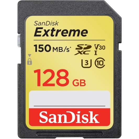 SanDisk 128GB Extreme SD (SDXC) Card U3, V30, 150MB/s R, 70MB/s W