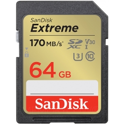 SanDisk 64GB Extreme SD (SDXC) Card U3, V30, 170MB/s R, 80MB/s W