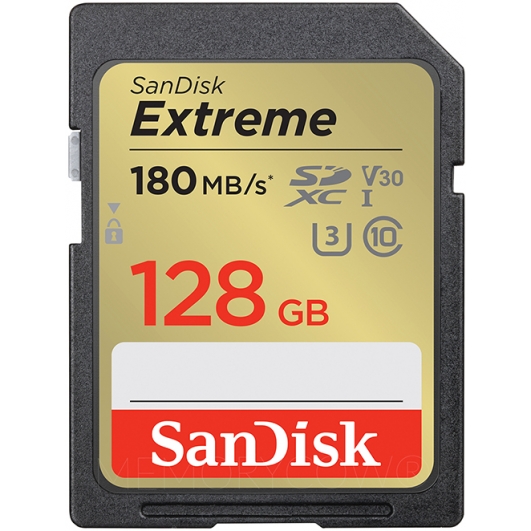 SanDisk 128GB Extreme SD (SDXC) Card U3, V30, 180MB/s R, 90MB/s W