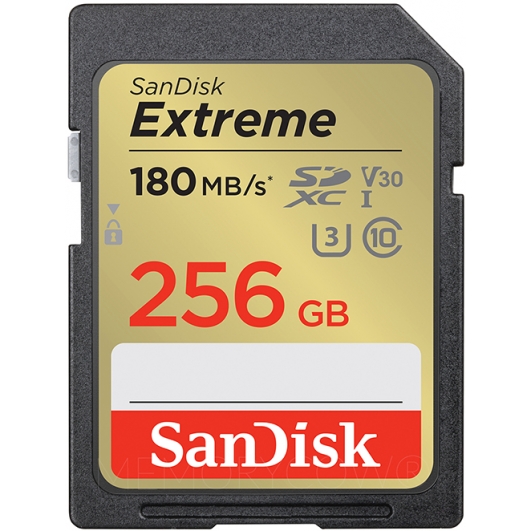 SanDisk 256GB Extreme SD (SDXC) Card U3, V30, 180MB/s R, 130MB/s W