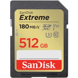 SanDisk 512GB Extreme SD (SDXC) Card U3, V30, 180MB/s R, 130MB/s W